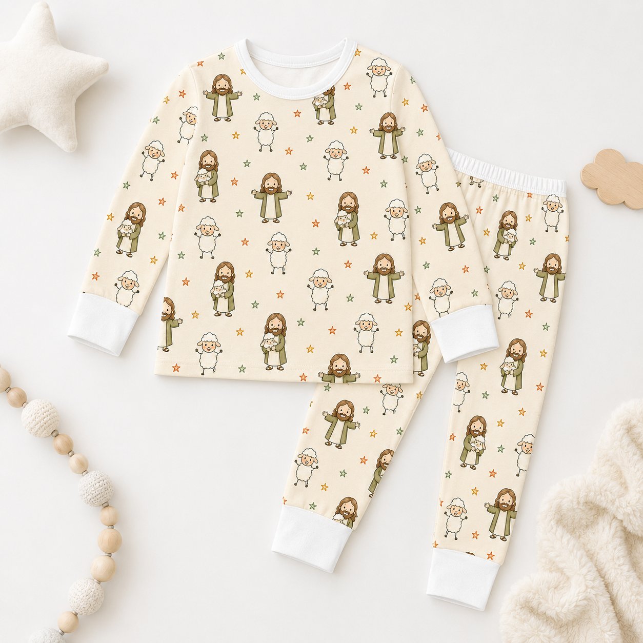 Jesus and Lamb Bamboo Kids Pajamas Set, Christian Boys Girls PJs, Faith Based Long Sleeve Toddler Sleepwear BBPJSS26