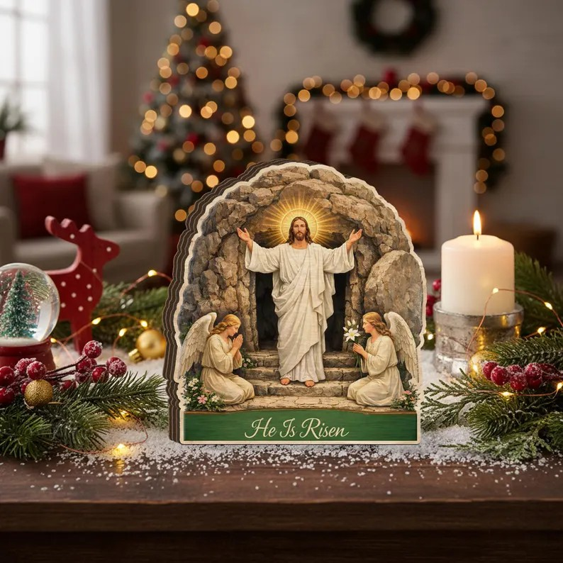 He Is Risen Christian Wooden Decor, Jesus Resurrection Scene Table Sign, Angel Empty Tomb Religious Shelf Display, Easter Faith Home Accent, Church Gift