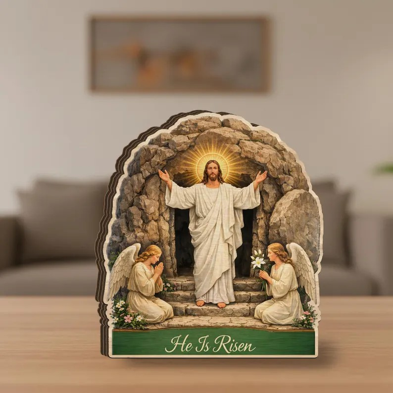 He Is Risen Christian Wooden Decor, Jesus Resurrection Scene Table Sign, Angel Empty Tomb Religious Shelf Display, Easter Faith Home Accent, Church Gift
