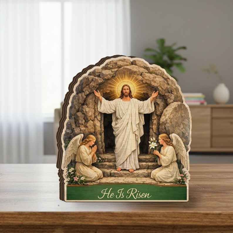 He Is Risen Christian Wooden Decor, Jesus Resurrection Scene Table Sign, Angel Empty Tomb Religious Shelf Display, Easter Faith Home Accent, Church Gift