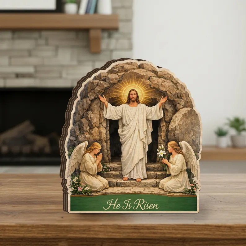 He Is Risen Christian Wooden Decor, Jesus Resurrection Scene Table Sign, Angel Empty Tomb Religious Shelf Display, Easter Faith Home Accent, Church Gift