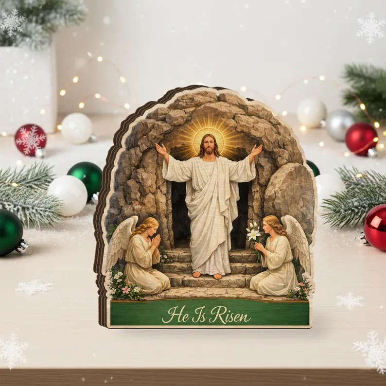 He Is Risen Christian Wooden Decor, Jesus Resurrection Scene Table Sign, Angel Empty Tomb Religious Shelf Display, Easter Faith Home Accent, Church Gift