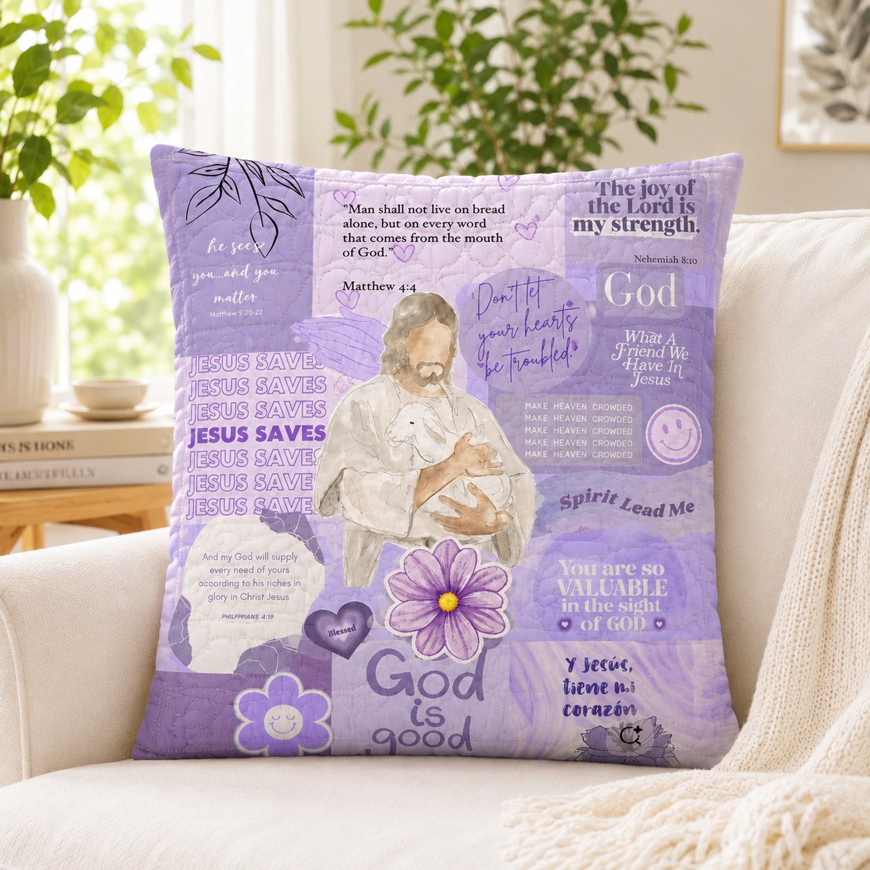 Purple Jesus Saves Quilted Pillow Case, Christian Bible Verse Pillow Cover, Jesus Faith Collage Decor, Religious Gift for Her QPILLOW28