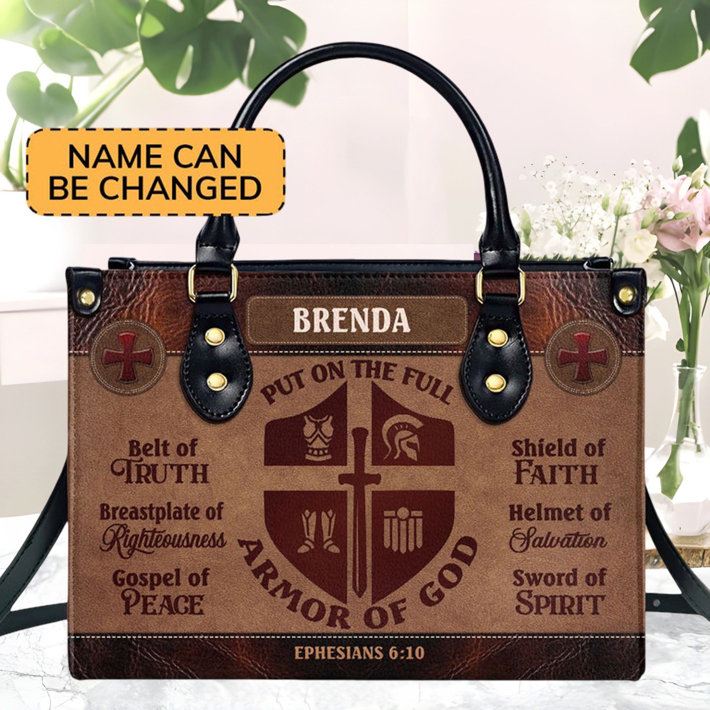 Personalized Armor of God Leather Handbag, Ephesians 6:10 Scripture Purse, Christian Religious Gift for Women BLAF41