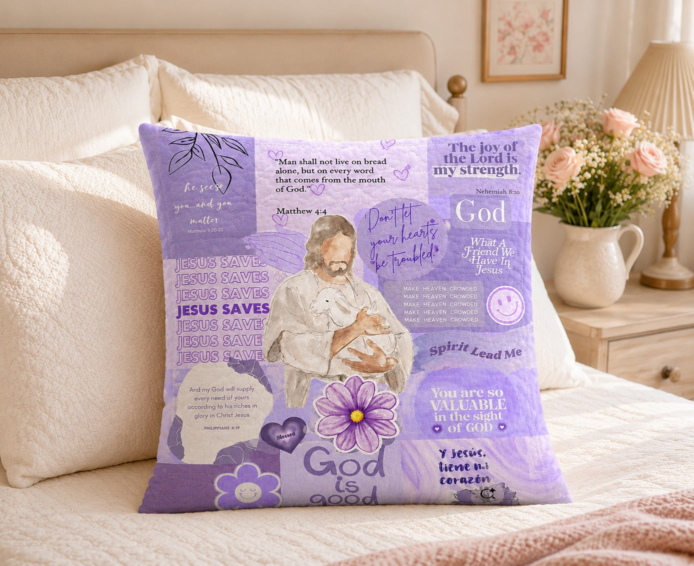 Purple Jesus Saves Quilted Pillow Case, Christian Bible Verse Pillow Cover, Jesus Faith Collage Decor, Religious Gift for Her QPILLOW28