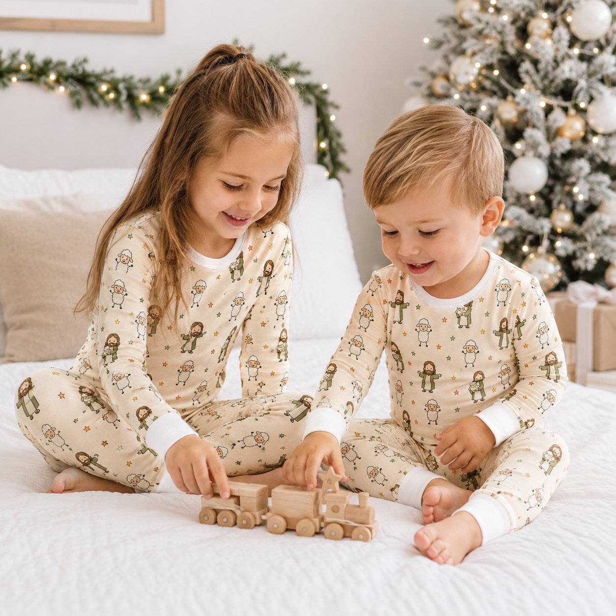 Jesus and Lamb Bamboo Kids Pajamas Set, Christian Boys Girls PJs, Faith Based Long Sleeve Toddler Sleepwear BBPJSS26