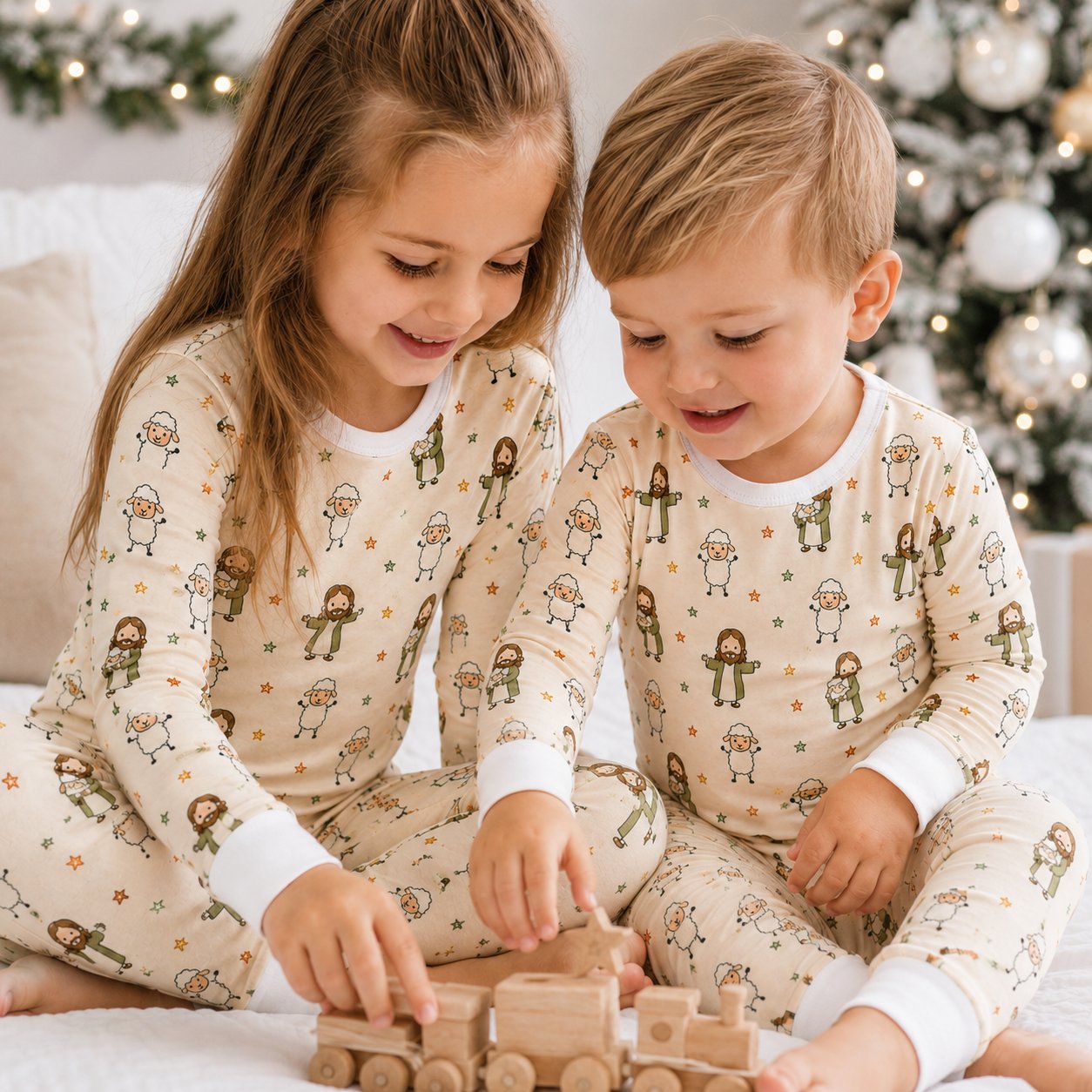 Jesus and Lamb Bamboo Kids Pajamas Set, Christian Boys Girls PJs, Faith Based Long Sleeve Toddler Sleepwear BBPJSS26