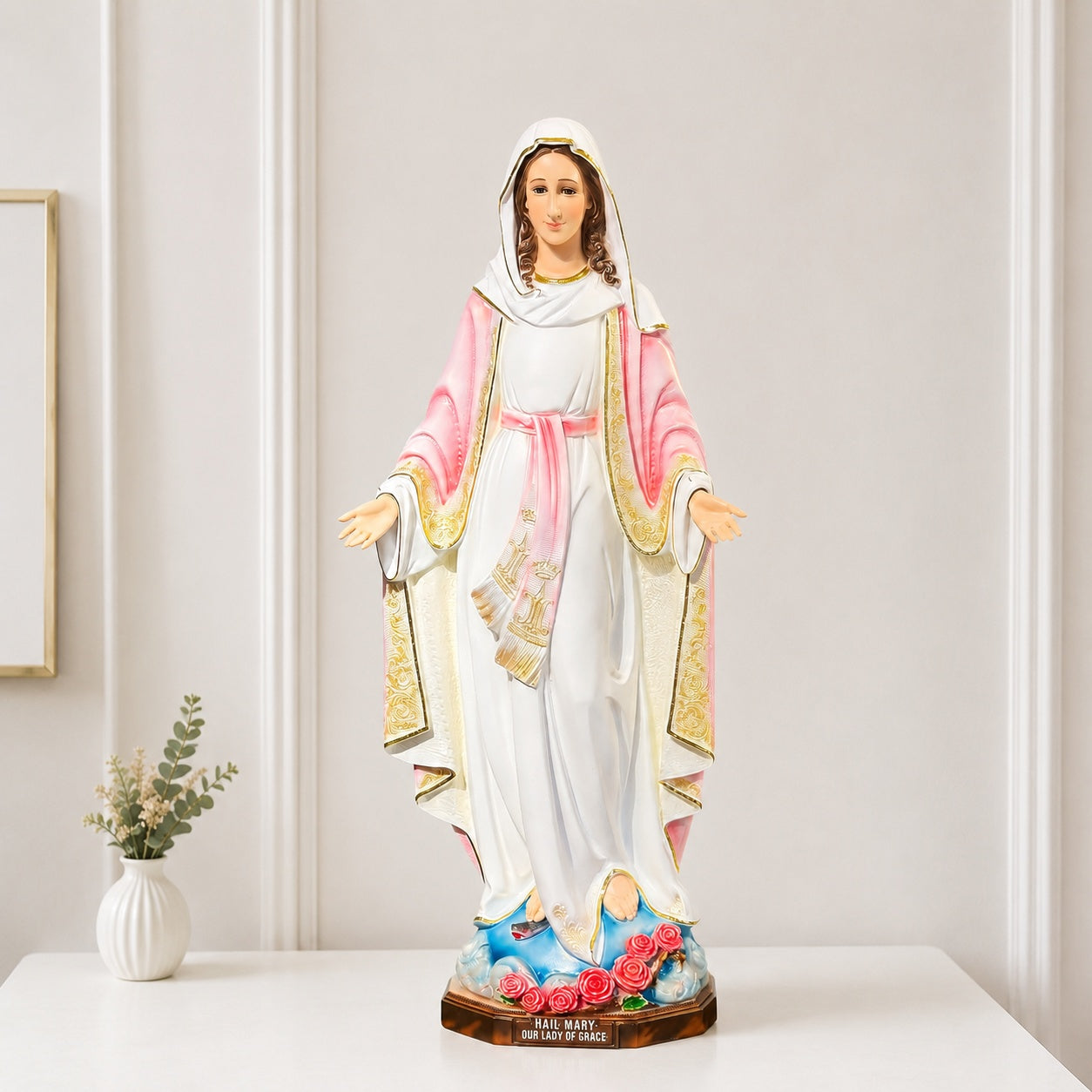 Pink Version/Virgin Mary Our Lady of Grace Statue, Catholic Religious Figurine, Blessed Mother Shelf Decor, Christian Home Altar Gift CP06PINK