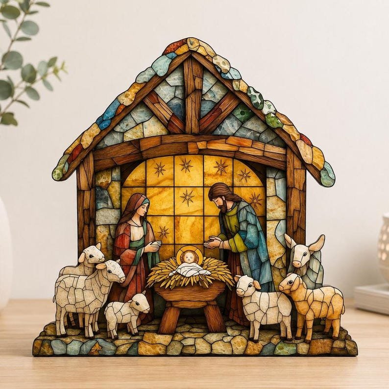Silent Night Holy Night Nativity Wooden Sign, Christian Christmas Decor, Rustic Jesus Manger Scene, Religious Holiday Tabletop Gift WSXM02