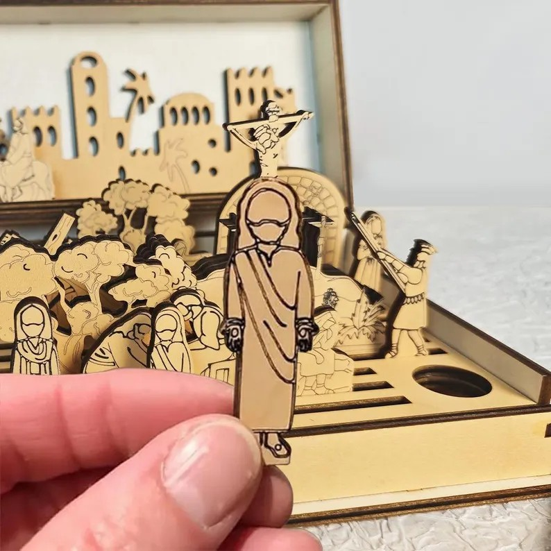 Holy Week Wooden Diorama Book, Christian Easter Decor, Laser Cut Wood Puzzle, Religious Gift, Catholic Home Altar Display, Christian Gift WRSLAF02