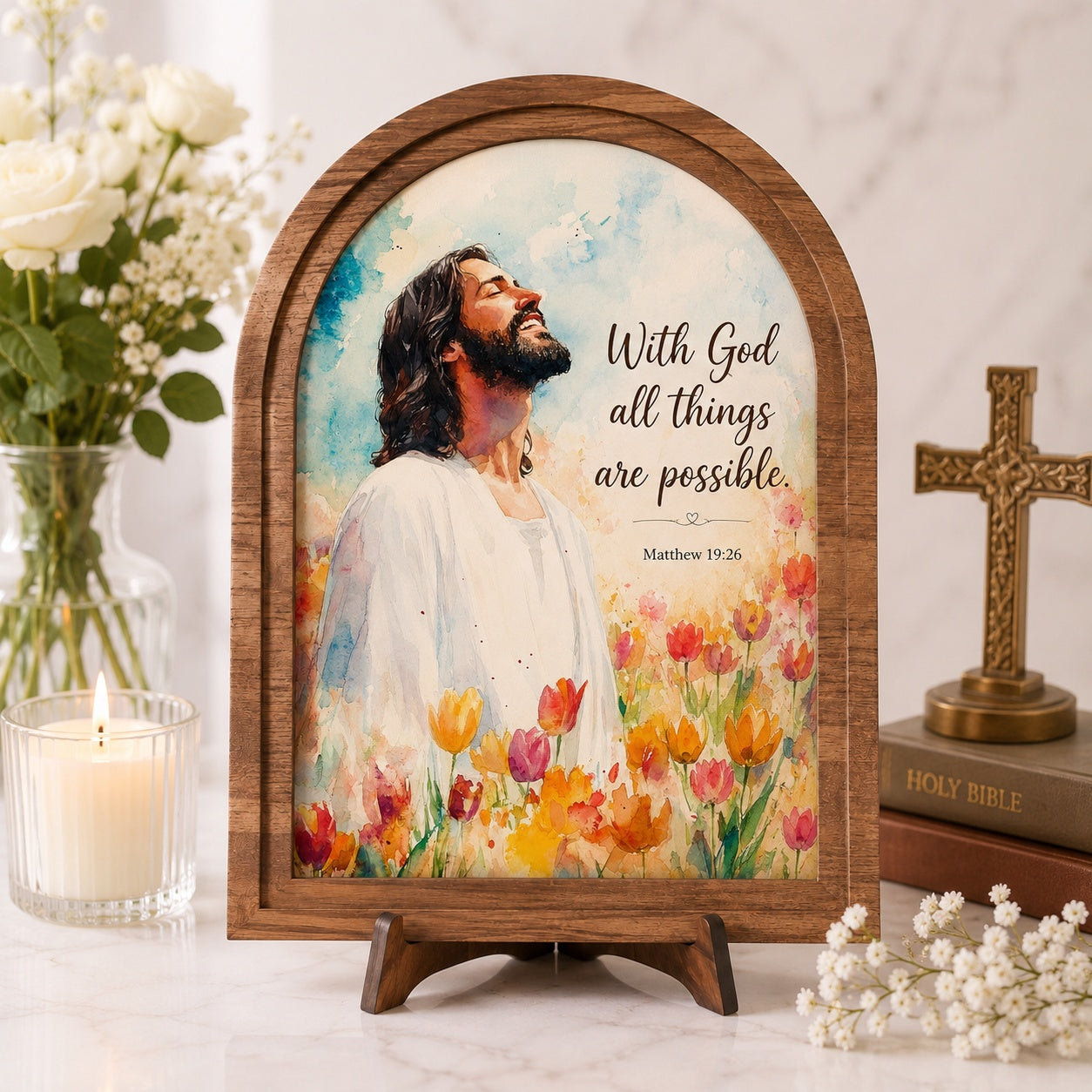 Christian Wooden Framed Wall Art – “With God All Things Are Possible” Matthew 19:26 Scripture Decor, Jesus Watercolor Painting, Religious Home WS02