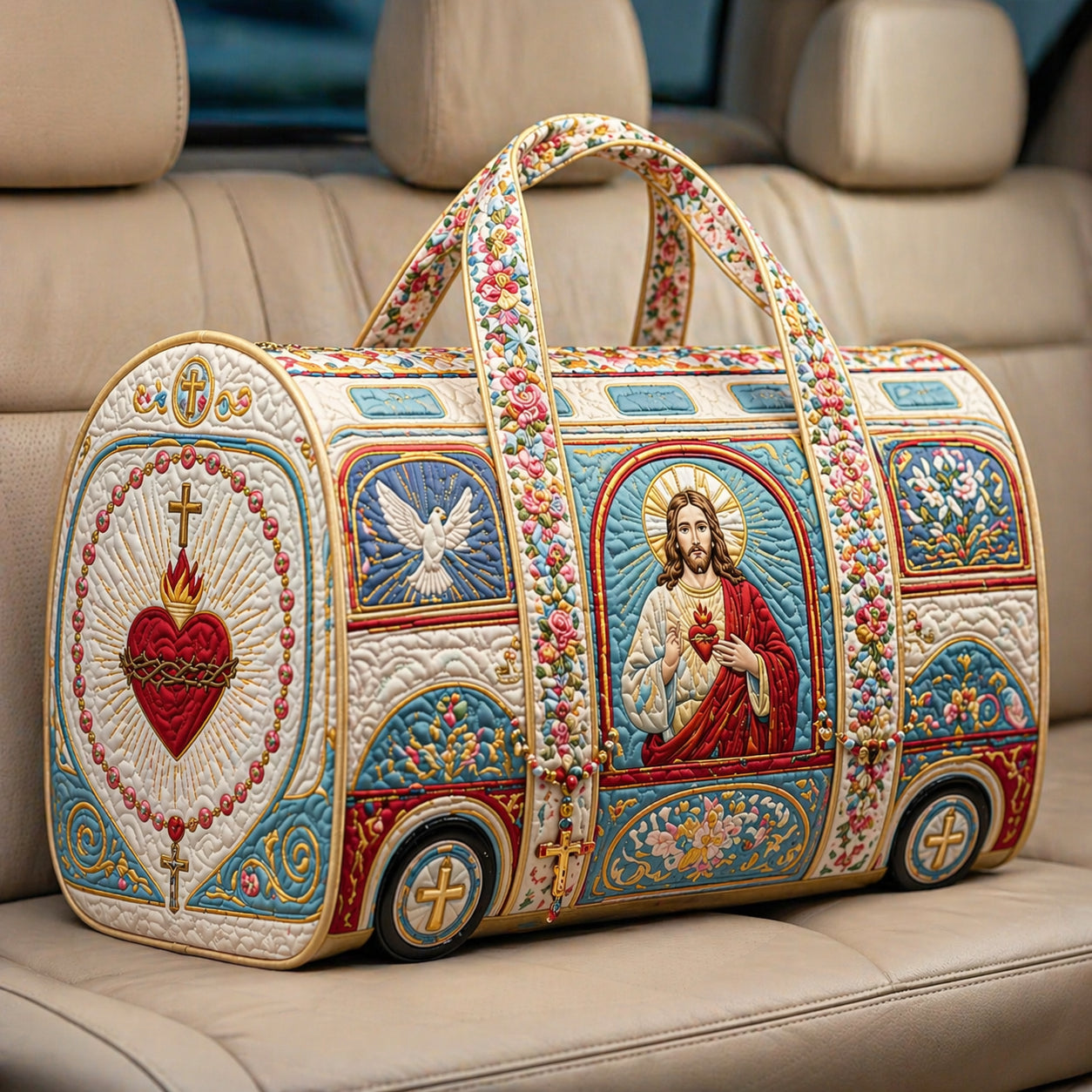 Christian Sacred Heart Jesus Quilted Duffle Bag, Religious Weekender Travel Bag, Floral Vintage Carry On Overnight Bag QDB02