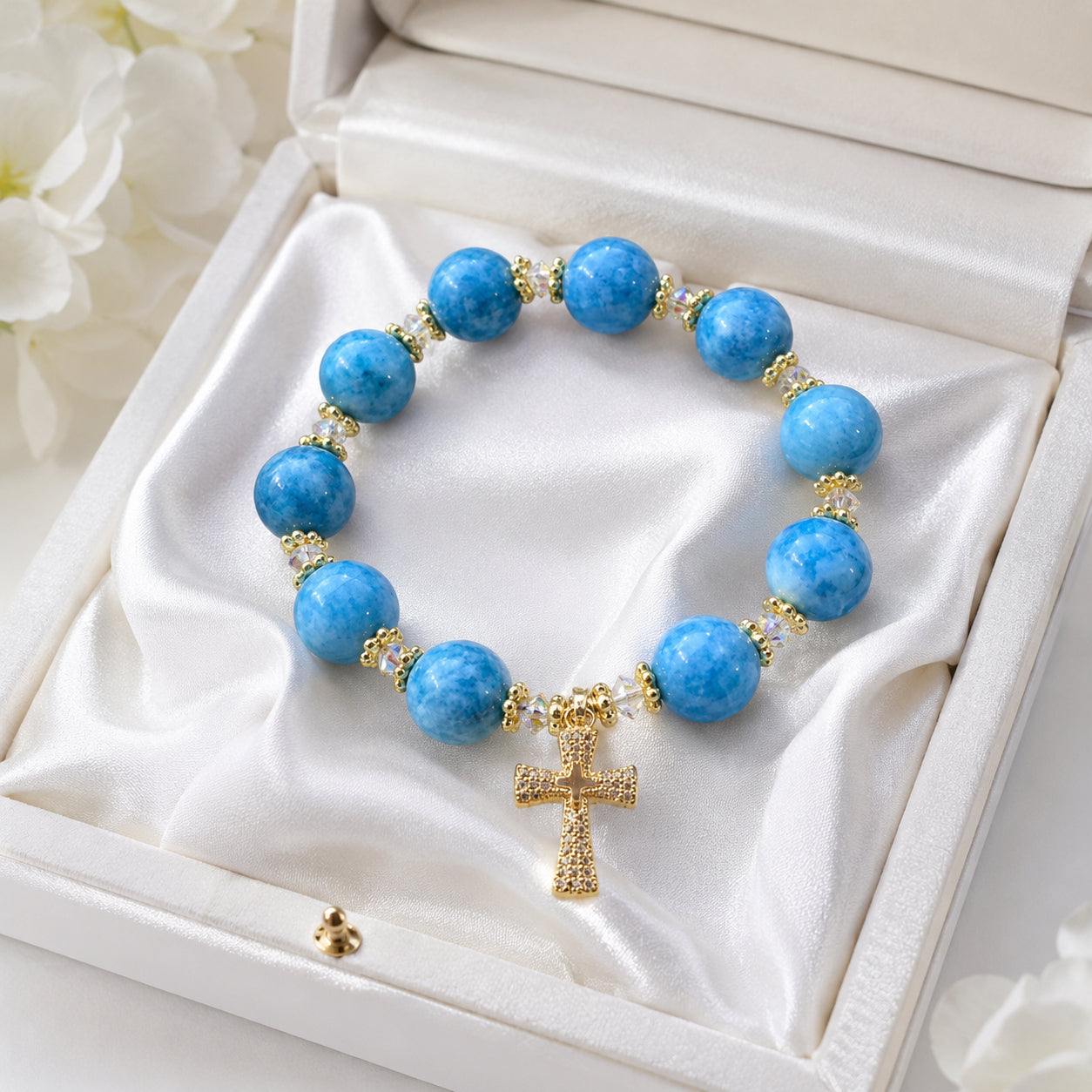 Rosary Blue Stone Bracelet, Cross Bracelet, Beaded Cross Bracelet, Religious Jewelry Made of Natural Stones, Christian Bracelet BRLAF02