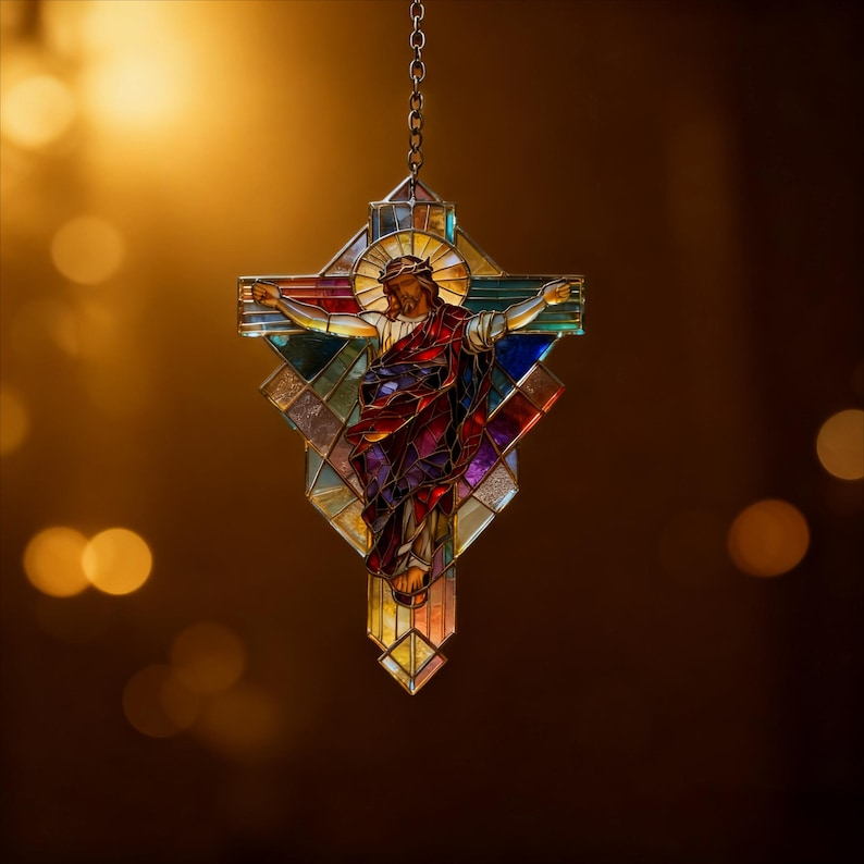 Jesus Cross Stained Glass Suncatcher, Christian Window Hanging, Religious Home Decor, Faith Gift, Jesus Sun Catcher, Easter Decor SCLAF11