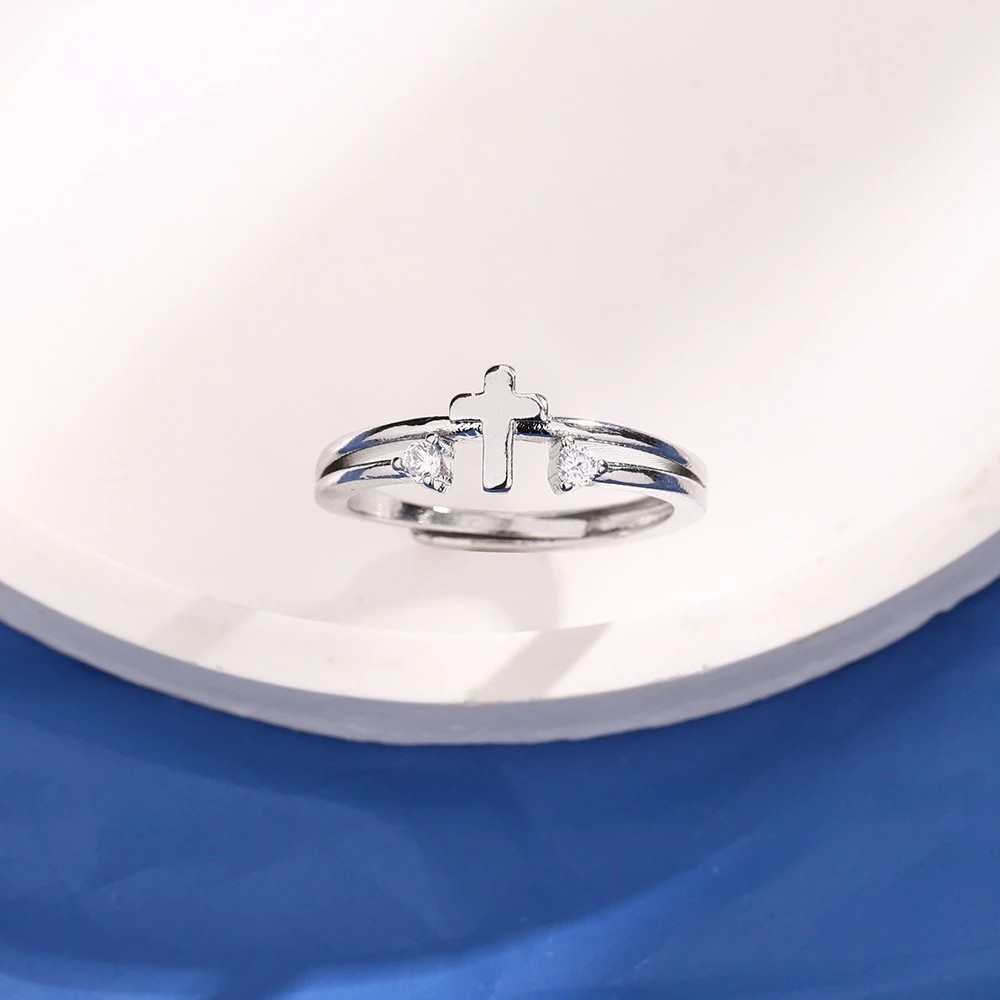 Minimalist Silver Cross Ring for Women, Adjustable Christian Ring, Religious Jewelry Gift, Elegant Catholic Cross Band