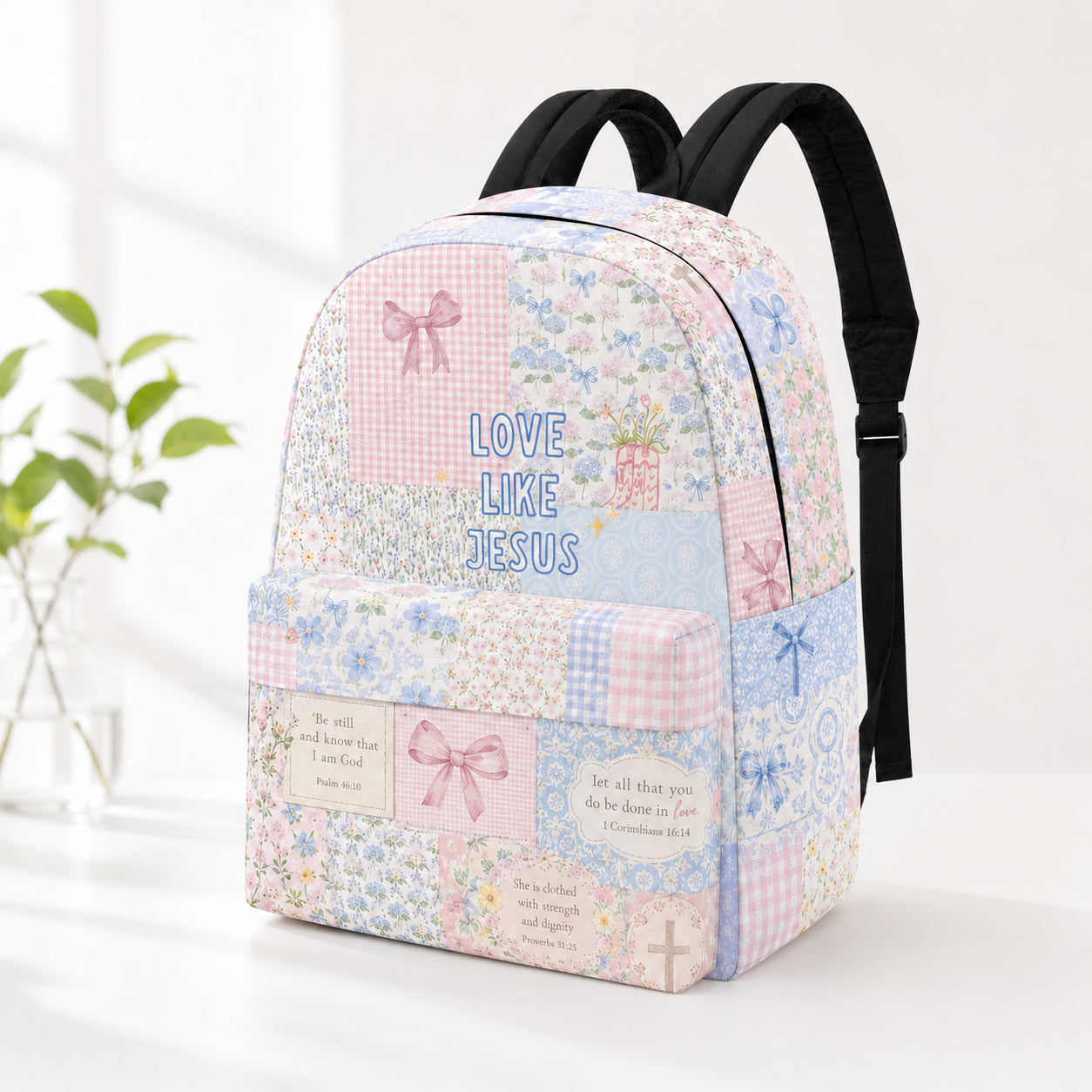 Love Like Jesus Pastel Floral Patchwork Backpack, Custom Christian backpack, Christian Faith Bag, Laptop Bag, Back To School Backpack PLAF67