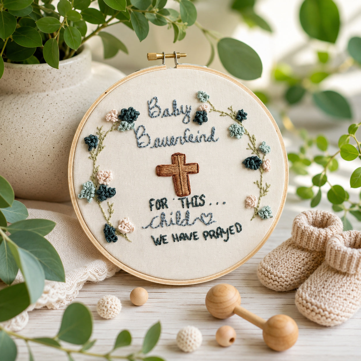 Baby Baptism Embroidery Hoop Art, Handmade Floral Christian Wall Decor, Bible Verse Faith Gift, Religious Hoop EHA20