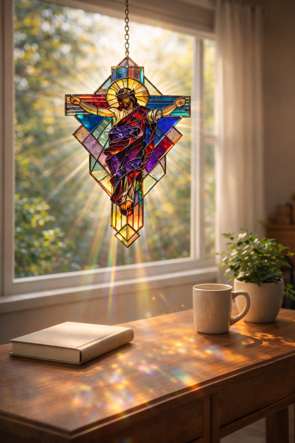 Jesus Cross Stained Glass Suncatcher, Christian Window Hanging, Religious Home Decor, Faith Gift, Jesus Sun Catcher, Easter Decor SCLAF11