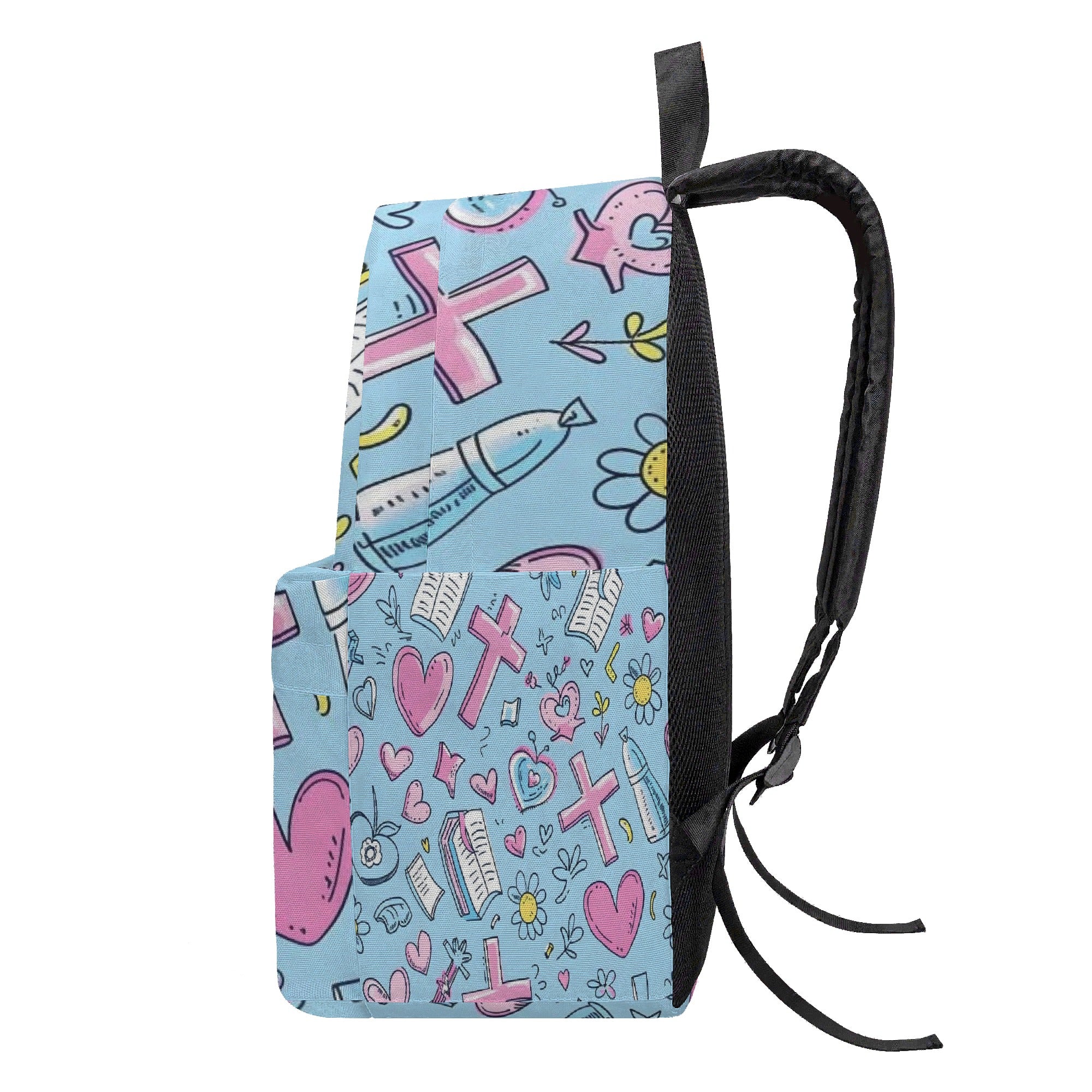 Christian Backpack For Girls, Faith Backpack With Crosses And Hearts, Religious School Bag For Women, Pastel Blue Inspirational Backpack PLAF58