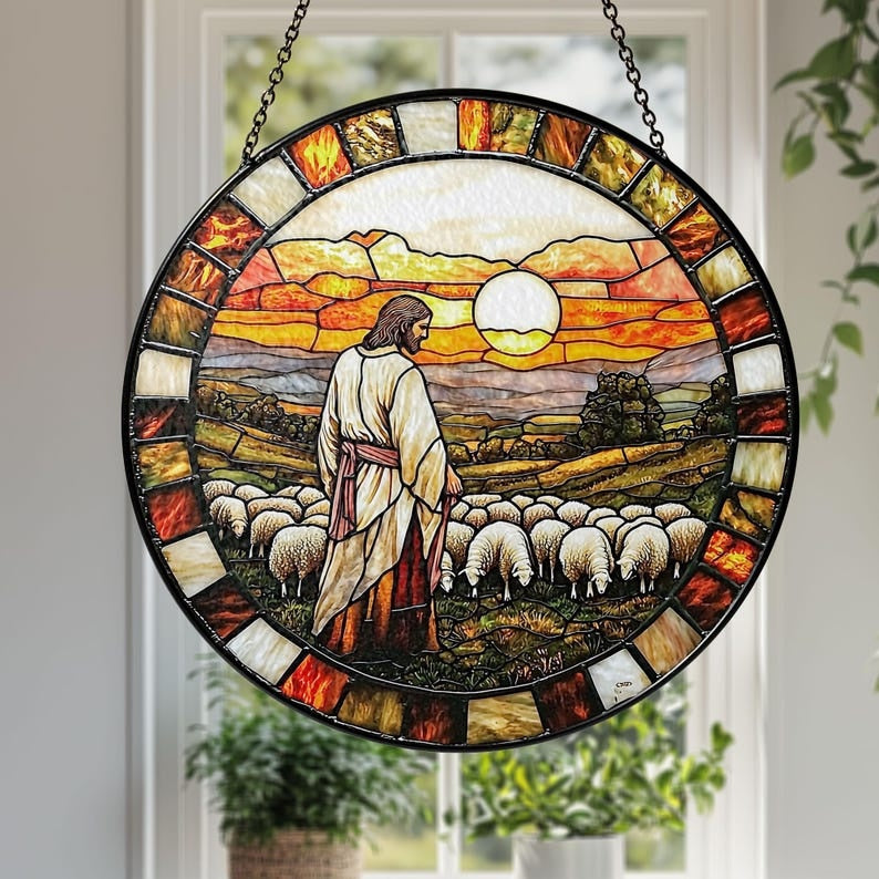 Jesus Good Shepherd Stained Glass Suncatcher, Christian Window Hanging, Catholic Home Decor, Religious Gift, Faith Inspired Wall Decor GLASS02