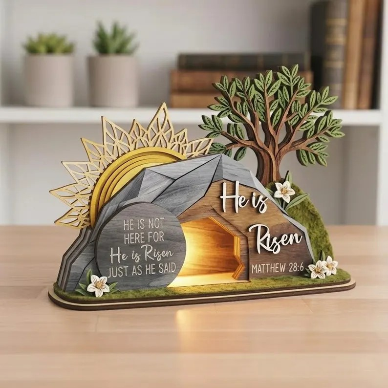 He Is Risen Easter Decor, Empty Tomb Resurrection Scene, Christian Home Display, Faith Based Gift
