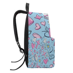 Christian Backpack For Girls, Faith Backpack With Crosses And Hearts, Religious School Bag For Women, Pastel Blue Inspirational Backpack PLAF58