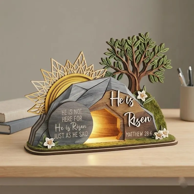 He Is Risen Easter Decor, Empty Tomb Resurrection Scene, Christian Home Display, Faith Based Gift