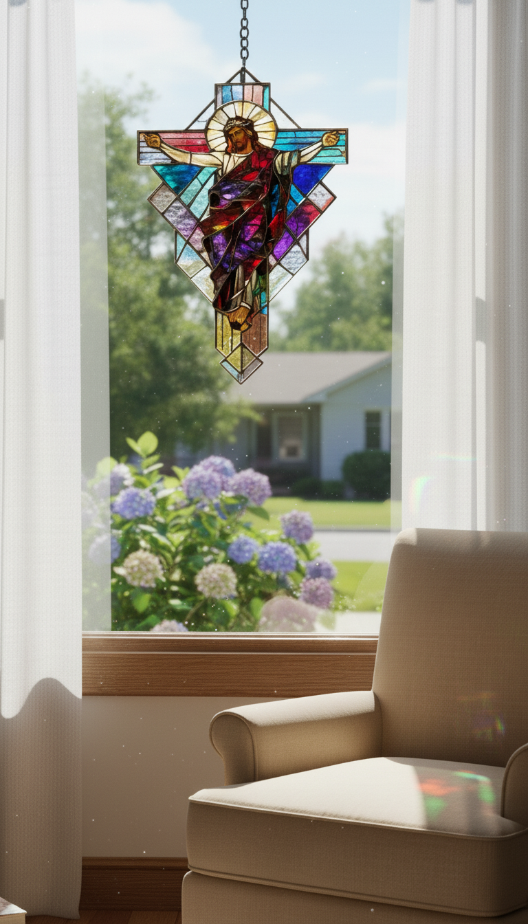 Jesus Cross Stained Glass Suncatcher, Christian Window Hanging, Religious Home Decor, Faith Gift, Jesus Sun Catcher, Easter Decor SCLAF11