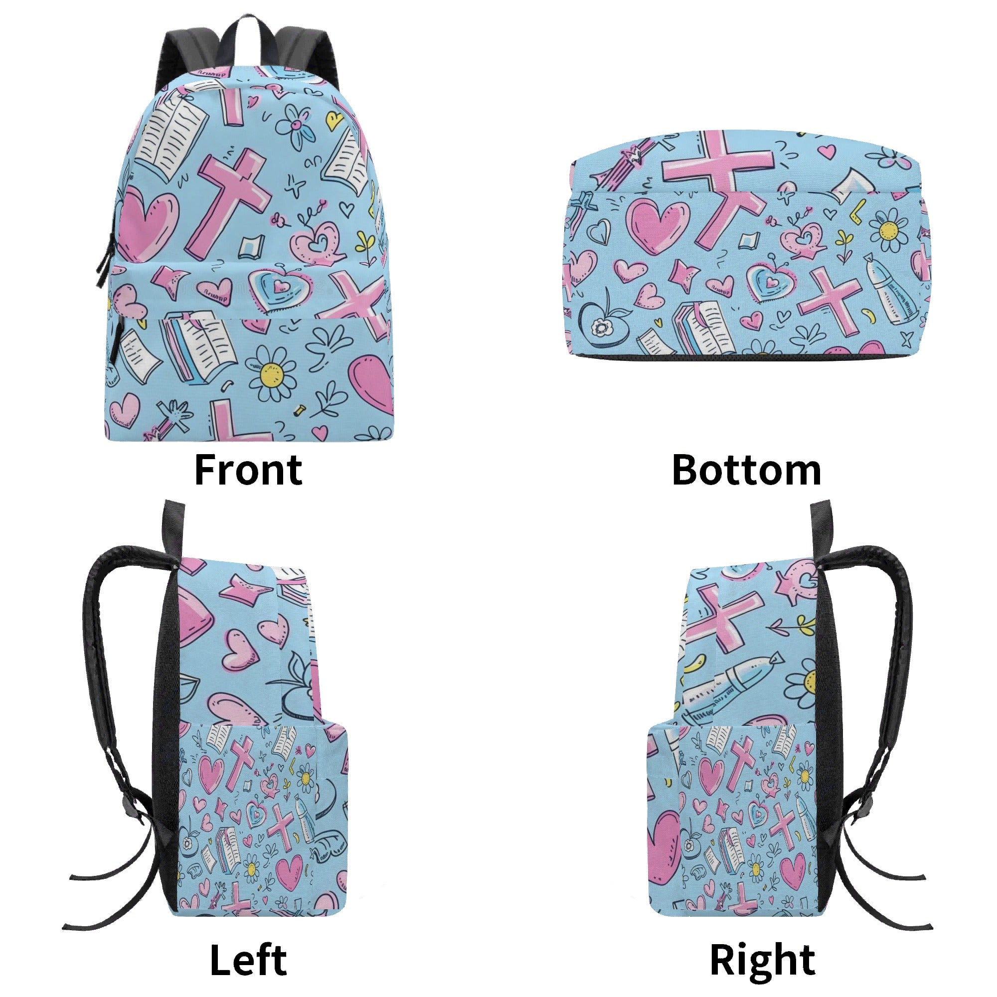 Christian Backpack For Girls, Faith Backpack With Crosses And Hearts, Religious School Bag For Women, Pastel Blue Inspirational Backpack PLAF58