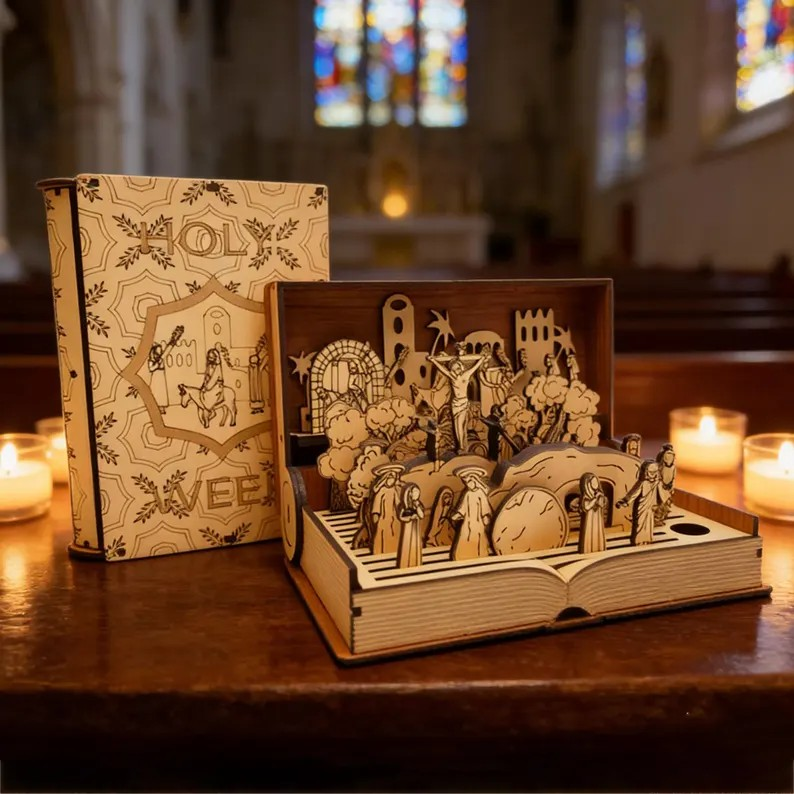 Holy Week Wooden Diorama Book, Christian Easter Decor, Laser Cut Wood Puzzle, Religious Gift, Catholic Home Altar Display, Christian Gift WRSLAF02
