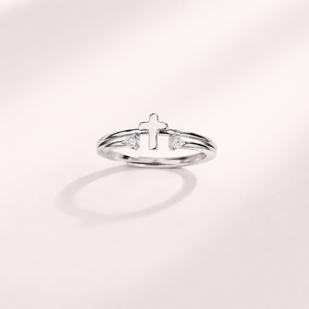 Minimalist Silver Cross Ring for Women, Adjustable Christian Ring, Religious Jewelry Gift, Elegant Catholic Cross Band