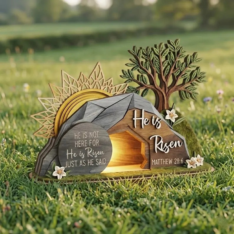 He Is Risen Easter Decor, Empty Tomb Resurrection Scene, Christian Home Display, Faith Based Gift