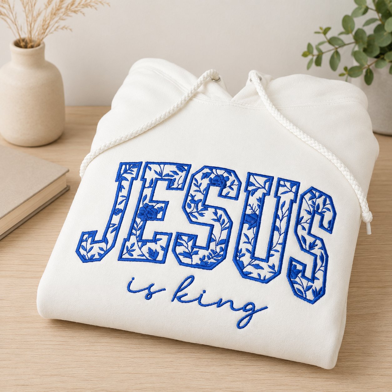 Jesus Is King Embroidered Shirt, Blue Floral Christian Faith Shirt, Religious Gift for Her, Bible Inspired Apparel N1EMS02