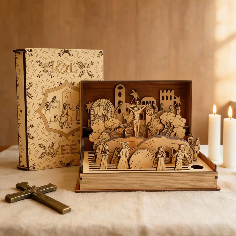 Holy Week Wooden Diorama Book, Christian Easter Decor, Laser Cut Wood Puzzle, Religious Gift, Catholic Home Altar Display, Christian Gift WRSLAF02