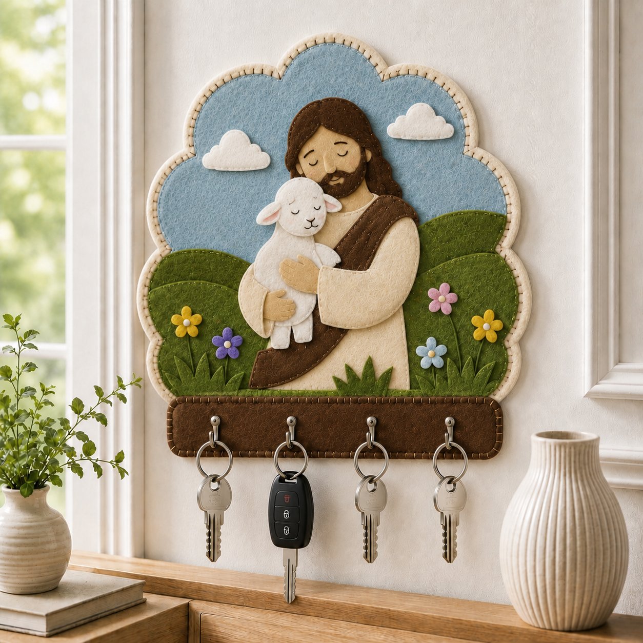 Jesus with Lamb Wall Felt Key Holder, Christian Wall Key Rack, Handmade Catholic Home Decor, Religious Housewarming Gift, Felt Custom FELTHD02