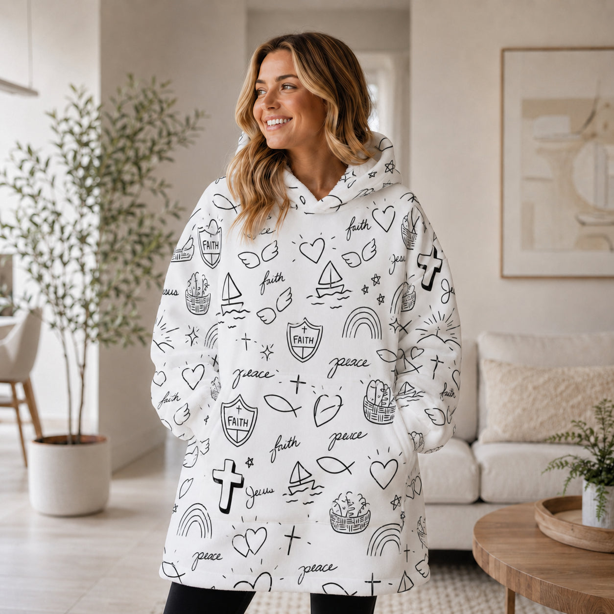 Faith & Peace Christian Oversized Hoodie Blanket, Custom Jesus Faith Inspirational Hoodie, Oversized Snuggle Hoodie, Fleece Flannel Wearable Blanket Hoodie for Kids & Adults, Family Religious Gift OOH02