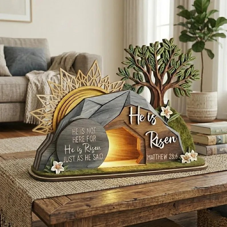 He Is Risen Easter Decor, Empty Tomb Resurrection Scene, Christian Home Display, Faith Based Gift