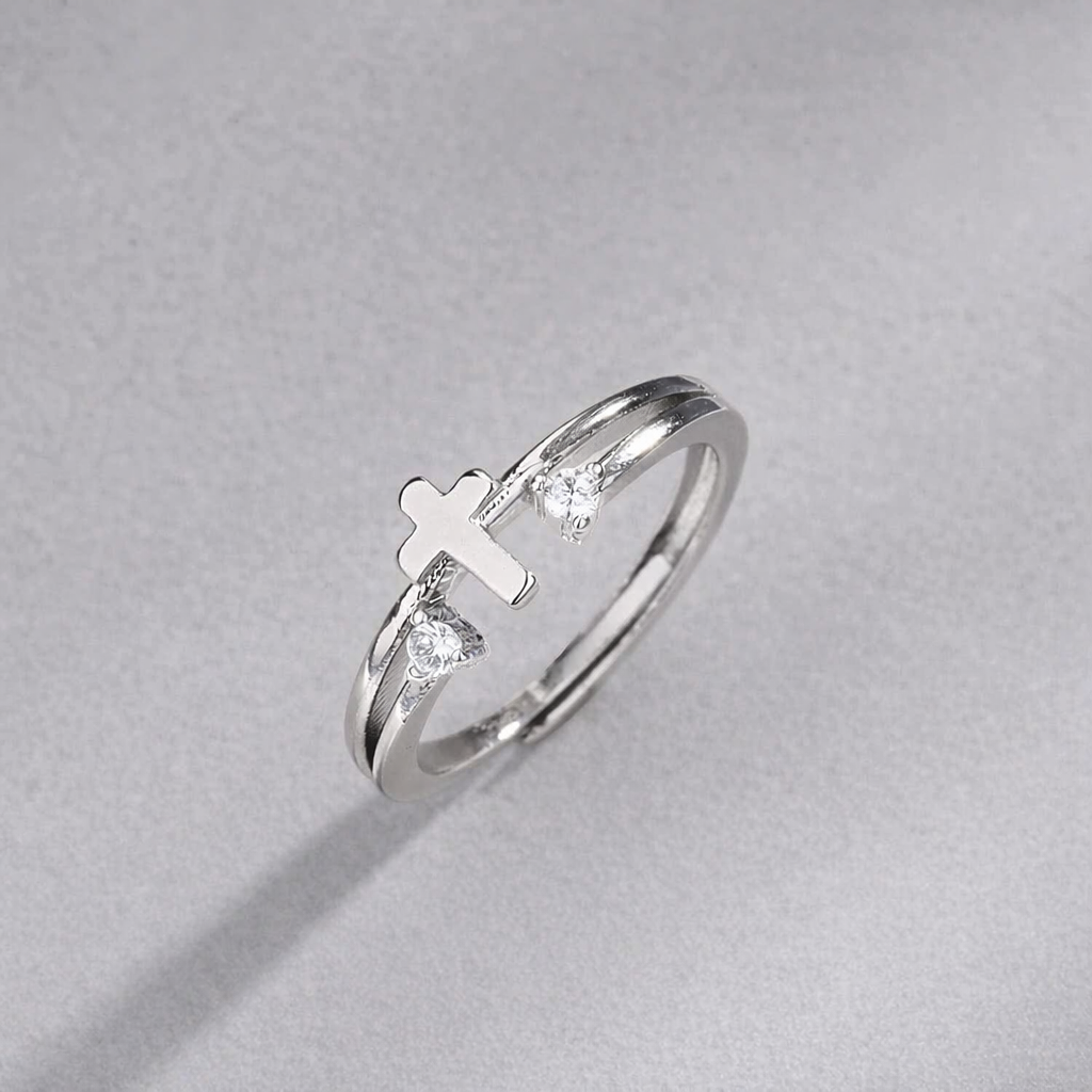 Minimalist Silver Cross Ring for Women, Adjustable Christian Ring, Religious Jewelry Gift, Elegant Catholic Cross Band