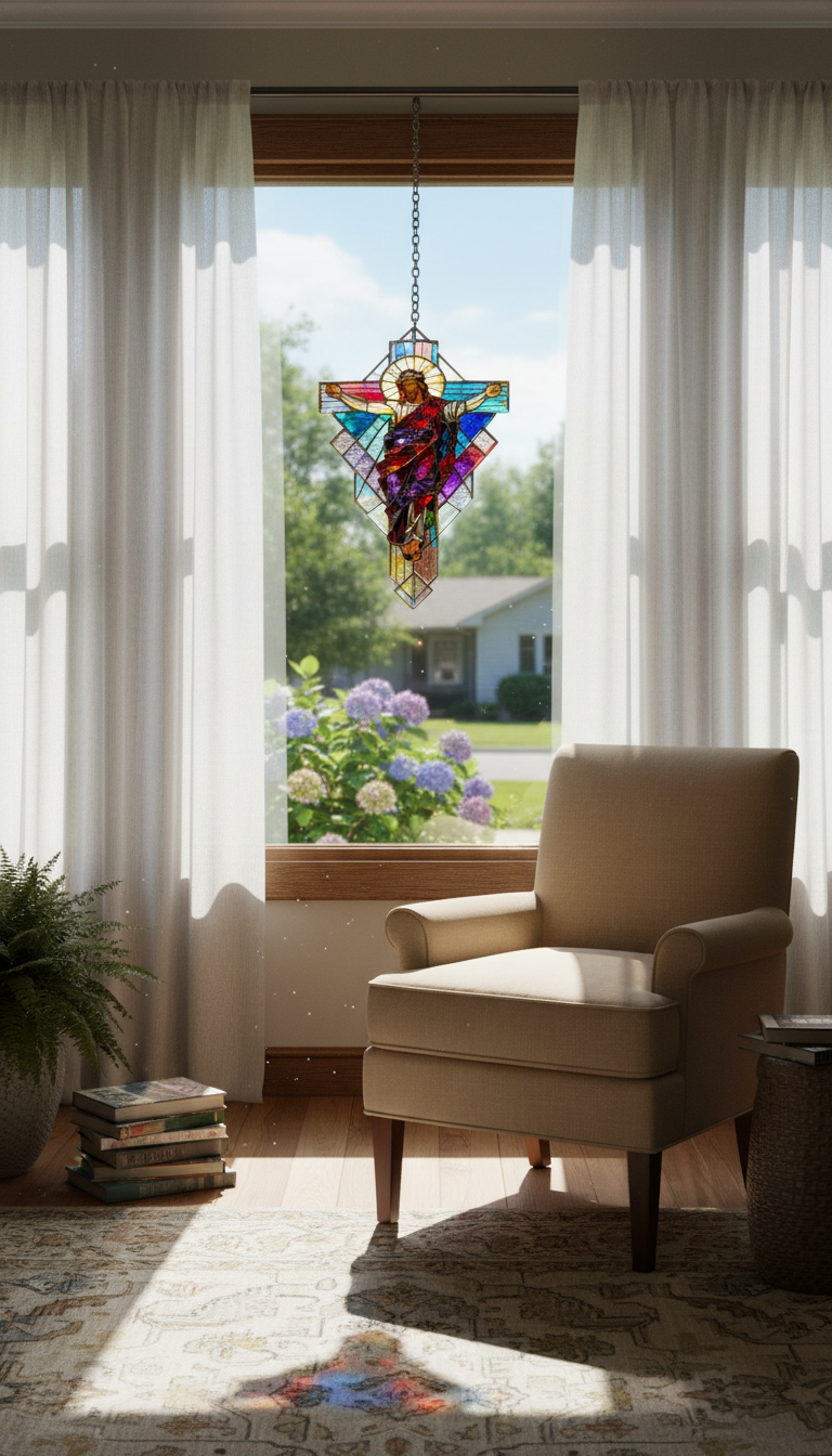 Jesus Cross Stained Glass Suncatcher, Christian Window Hanging, Religious Home Decor, Faith Gift, Jesus Sun Catcher, Easter Decor SCLAF11