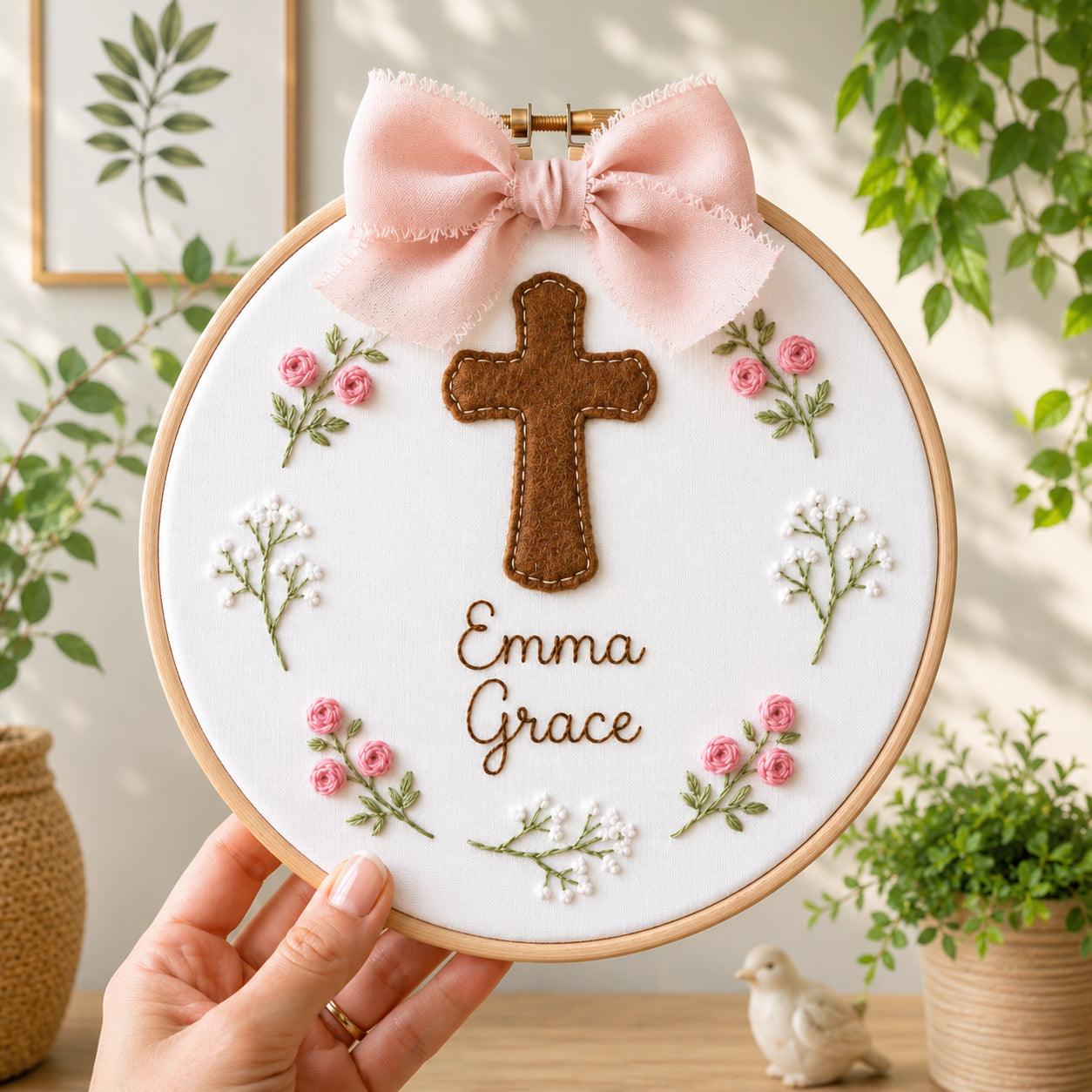Personalized Hand Embroidered Baptism Hoop with Felt Cross, Custom Baby Name, Floral Christian Nursery Keepsake, Baby Hanging Decor EHA31