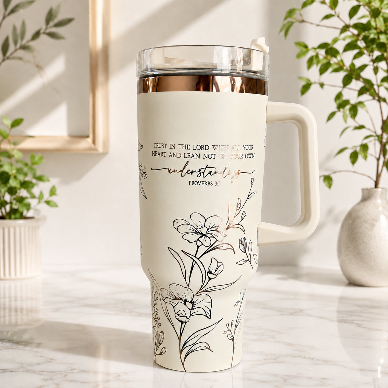 Christian Floral Tumbler with Handle, Proverbs 3:5 Bible Verse Insulated Travel Cup, Faith Gift, Inspirational Christian Tumbler LAFN02