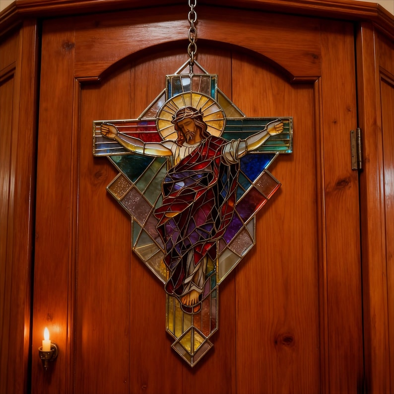 Jesus Cross Stained Glass Suncatcher, Christian Window Hanging, Religious Home Decor, Faith Gift, Jesus Sun Catcher, Easter Decor SCLAF11