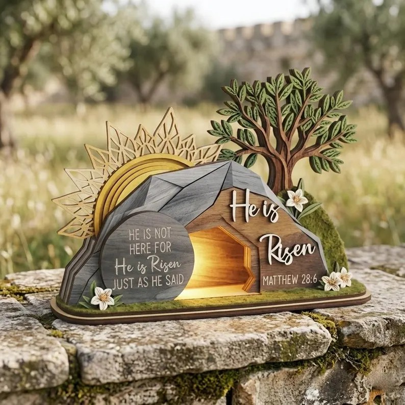 He Is Risen Easter Decor, Empty Tomb Resurrection Scene, Christian Home Display, Faith Based Gift