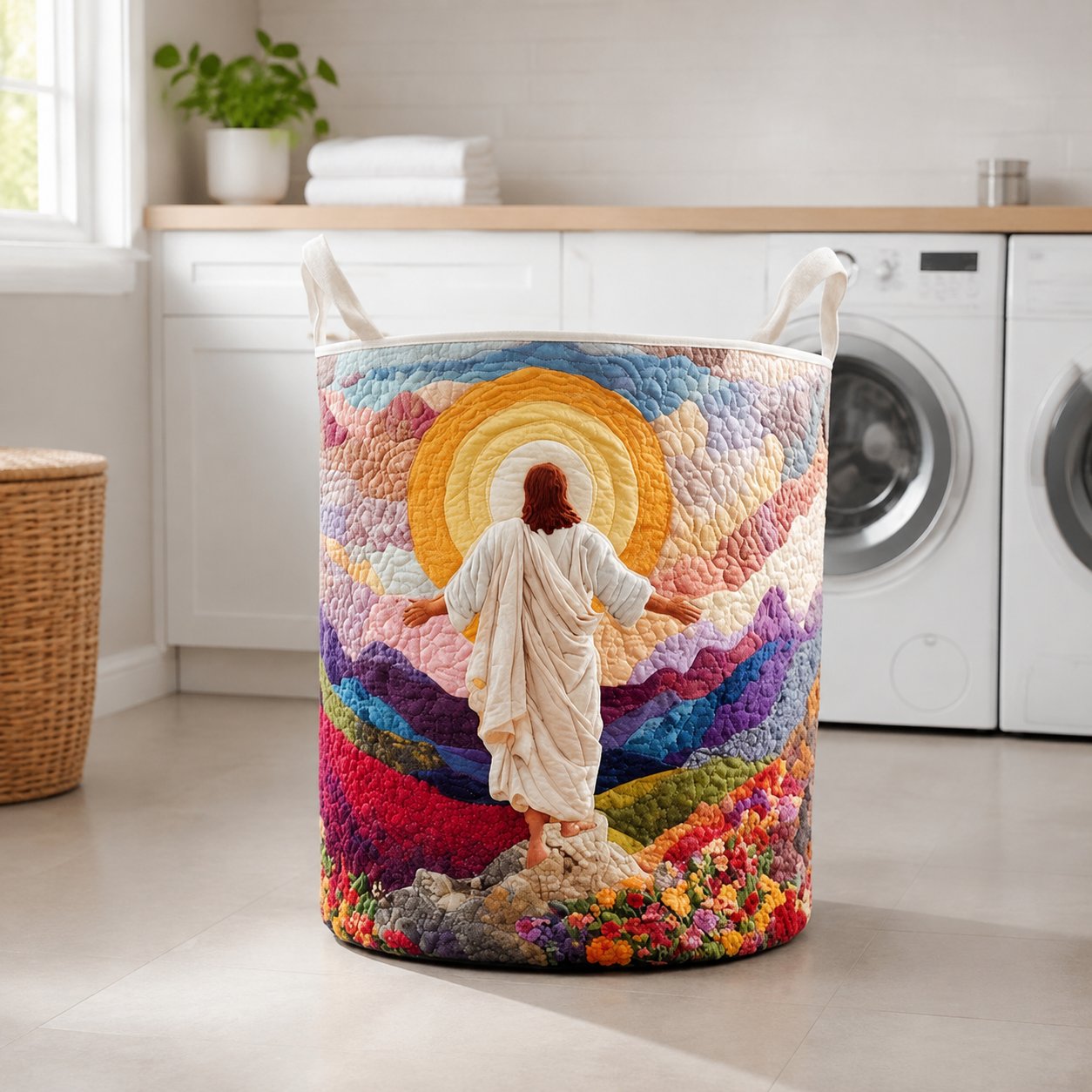 Christian Quilted Laundry Basket, Colorful Christian Quilted Hamper, Personalized Religious Storage Hamper, Faith-Inspired Toy Bin, Catholic Home Decor Gift QULDB02