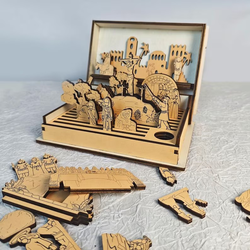 Holy Week Wooden Diorama Book, Christian Easter Decor, Laser Cut Wood Puzzle, Religious Gift, Catholic Home Altar Display, Christian Gift WRSLAF02