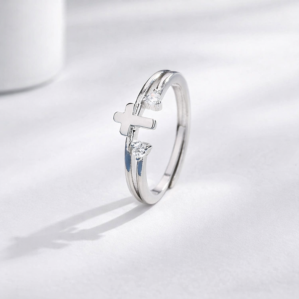 Minimalist Silver Cross Ring for Women, Adjustable Christian Ring, Religious Jewelry Gift, Elegant Catholic Cross Band