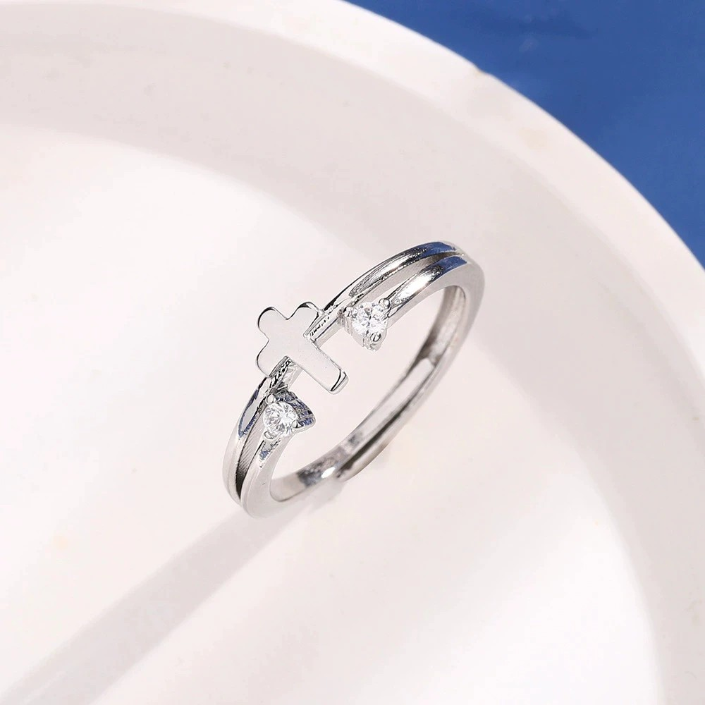 Minimalist Silver Cross Ring for Women, Adjustable Christian Ring, Religious Jewelry Gift, Elegant Catholic Cross Band