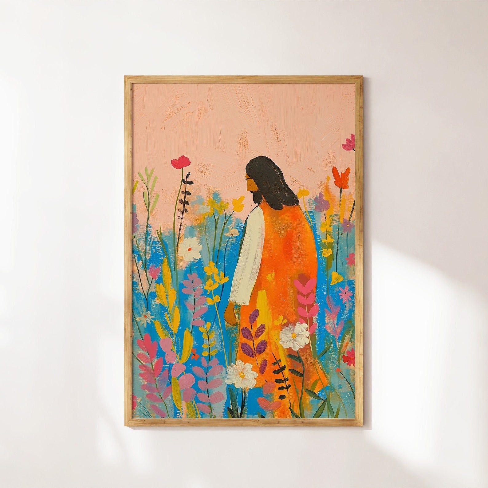 Jesus & The Wildflowers Poster, Modern Christian Art, Bible Verse Wall Art, Jesus Printable Poster, Colorful Prints