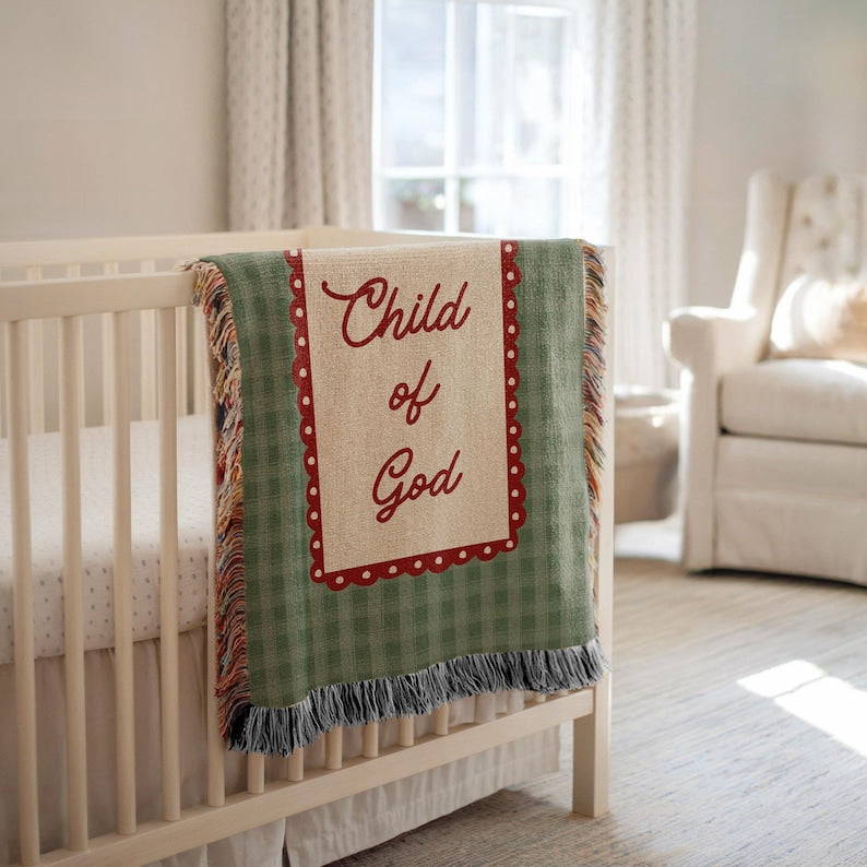 Christian Baby Woven Blanket, Vintage Plaid Checkered Child of God Woven Blanket, Faith-Based Newborn, Baptism & Baby Shower Gift WBLAF02