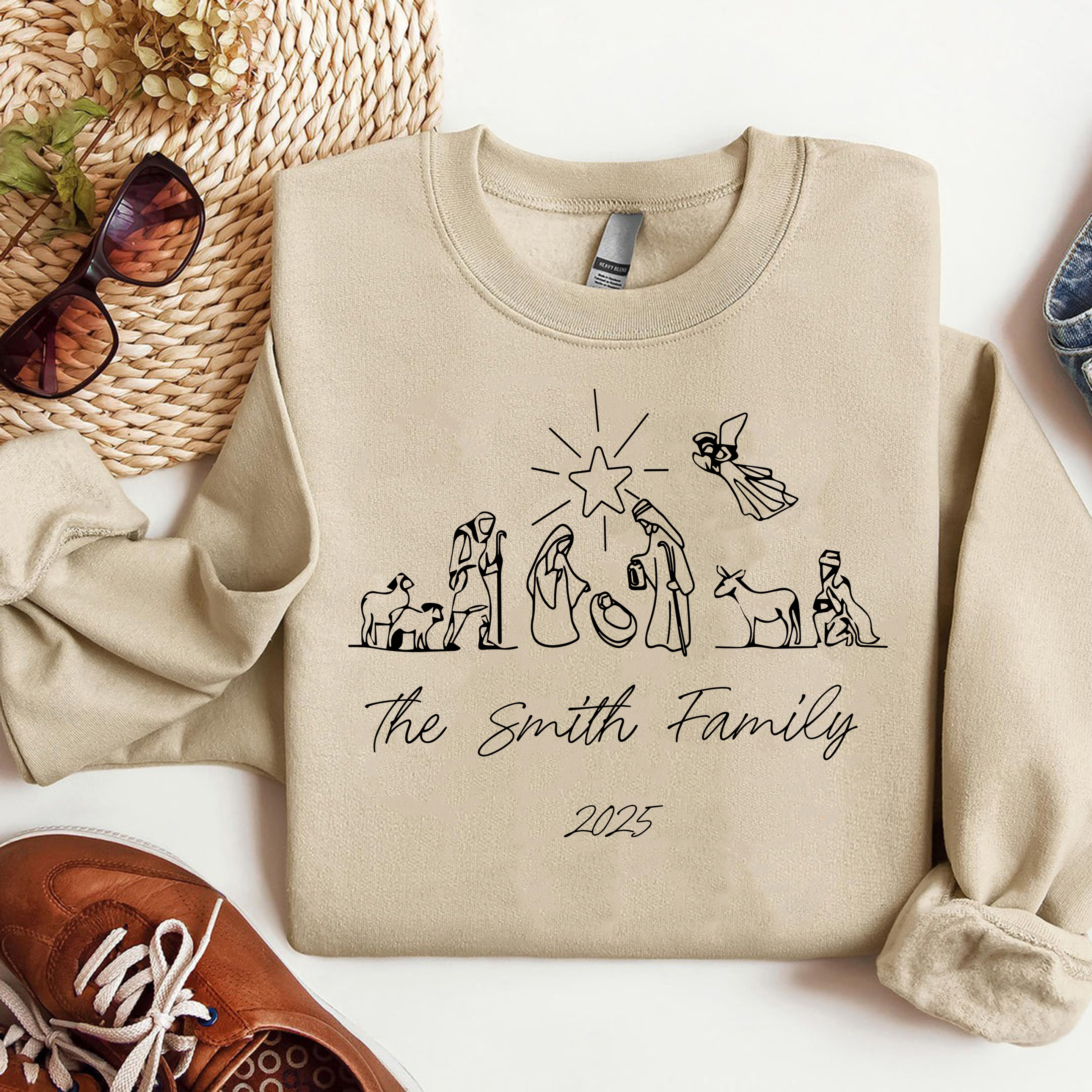 Personalized Nativity Scene Sweatshirt, Christian Christmas Sweater, The Smith Family 2025 Shirt, Religious Holiday Gift for Family
